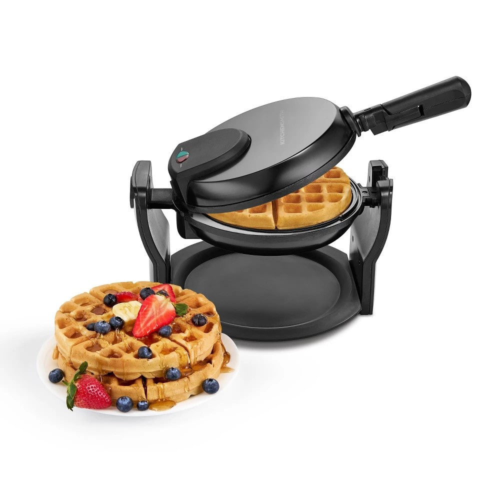 KitchenSmith Nonstick Waffle Maker Black: Aluminum, 180° Rotating, Folding Handle, Drip Tray, 1000W - Bellso